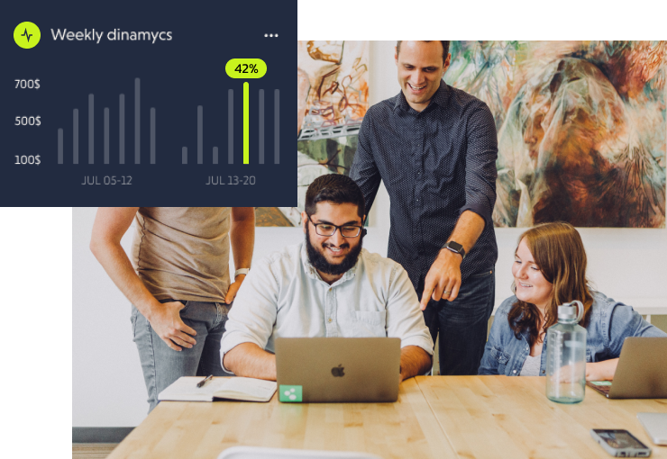 An activity chart laid over a team reviewing a build together on a laptop